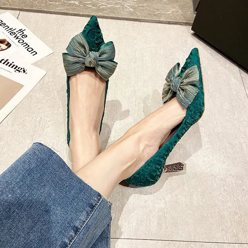 Women's Shoes Green Pointed Toe High Heels Ladies Pumps with Bow Sexy Quality Lastest Chic and Elegant Dress Korean Style Spring