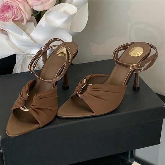 Eilyken Sexy Pleated Hollow Out Buckle Strap Women Sandals Summer Pointed Toe Thin High Heels Banquet Party Female Shoes