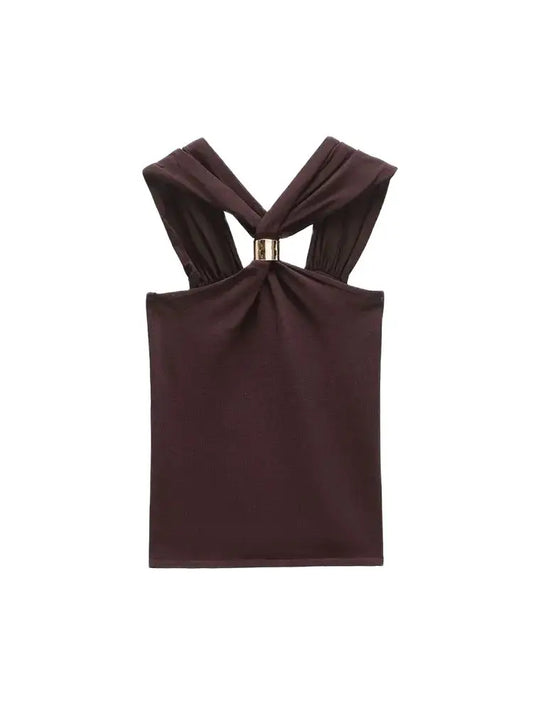 TRZA Women's Fashion Knit Halterneck Tank Top Gold Appliques Wide Straps Camisole Female Topwear