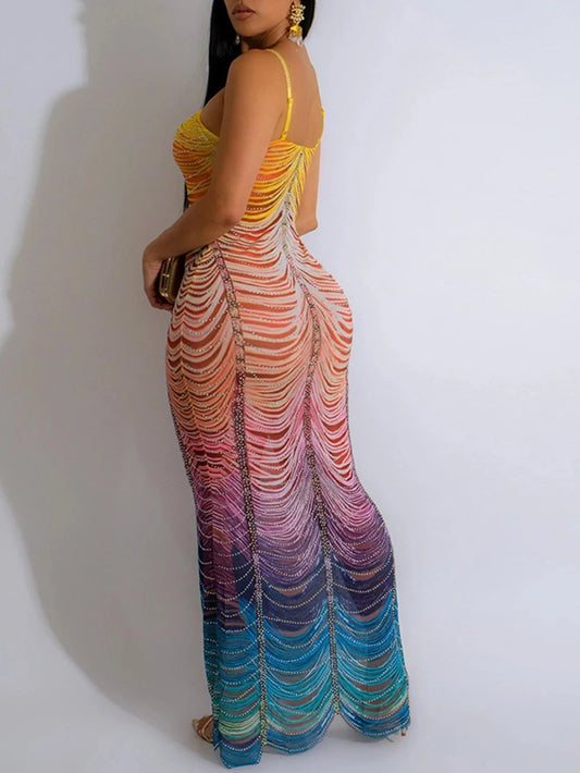 Sexy backless print maxi summer dress women elegant luxury rhinestones party long dresses bodycon club evening dress vestidos