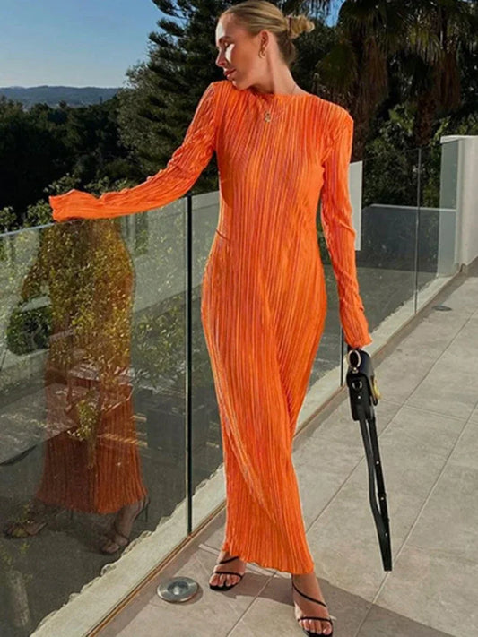 2024 Autumn Elegant Bodycon Dress Women Sexy Solid O Neck Flare Sleeves Long Summer Dresses Holiday Vestidos Black Red Orange