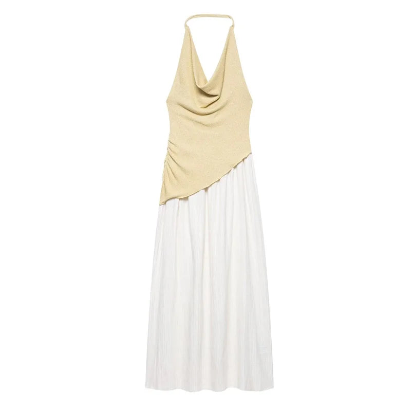 Women's Dresses New Summer 2025 Patchwork Halterneck Swing Neck Maxi Dress Sexy Off-the-Shoulder and Backless Design Personality