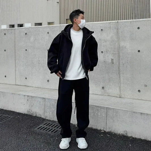 Sporty Casual Men's Two-Piece Set Hooded Jacket Wide Leg Sweatpants Trendy Lazy Style Sportswear from Mainland China