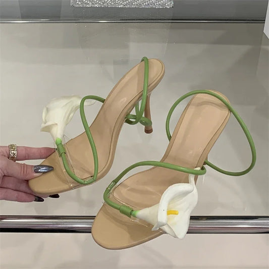 Eilyken Sexy PVC Transparent Flower Narrow Band Women Sandals Street Style Open Toe Thin High Heels Party Prom Shoes
