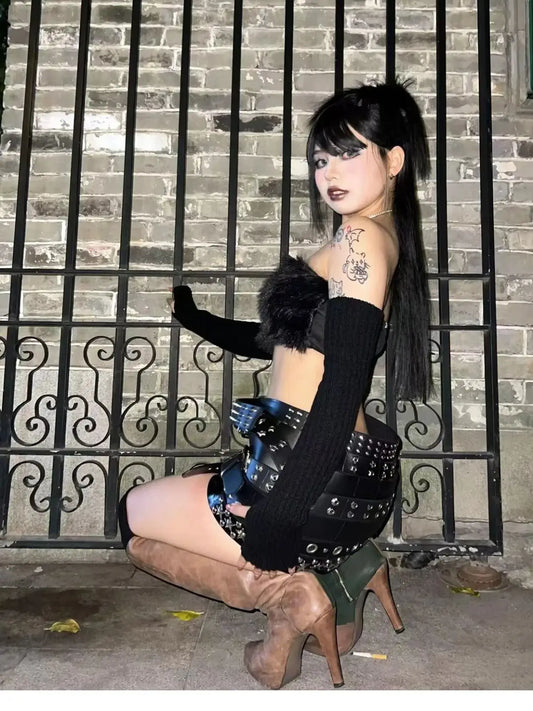 Spring Cool Black Pu Leather Mini Skirt Women with Many Belt Low Waist Luxury Designer Steampunk Clothes Streetwear 2025