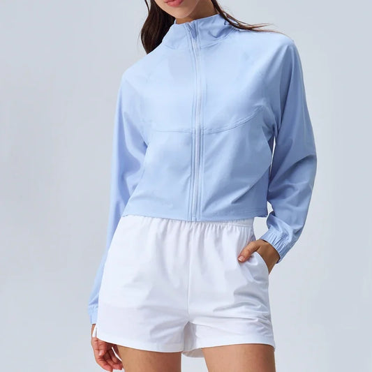 Women's Athletic Workout Running Track Full Zip Cropped Jackets UPF 50+ Sun Protection Long Sleeve Workout Shirts Yoga Gym Top
