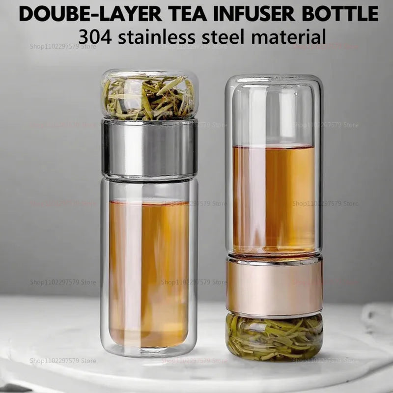 Double Walled Glass Tea Bottle 420ML Insulated Tumbler with Tea Strainer Leak Proof Hot Water Bottle for Office Travel Home Use