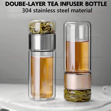 Double Walled Glass Tea Bottle 420ML Insulated Tumbler with Tea Strainer Leak Proof Hot Water Bottle for Office Travel Home Use