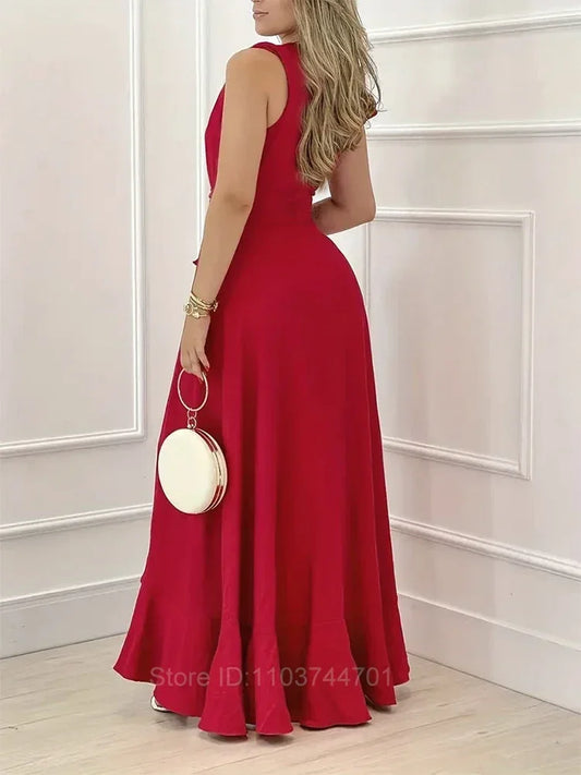 Women Evening Dresses Elegant Party Dresses Women Summer Deep V Neck Sleeveless A-Line  Long Dress Solid Red Cocktail Dresses