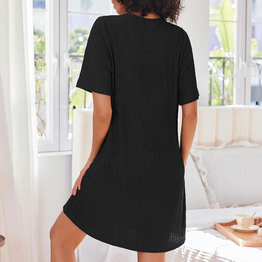Women's Short Sleeved Knit Bathrobe with Pockets, Zipper Robe, House Dress, Sleepwear, Nightgown
