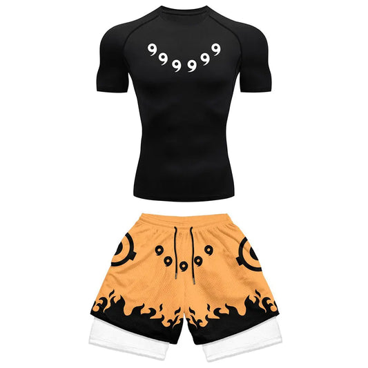 Anime Compression Set Running Sport Fitness Suit for Men Quick Dry Compression Shirt+Gym Shorts 2PCS Workout Summer Sportwear