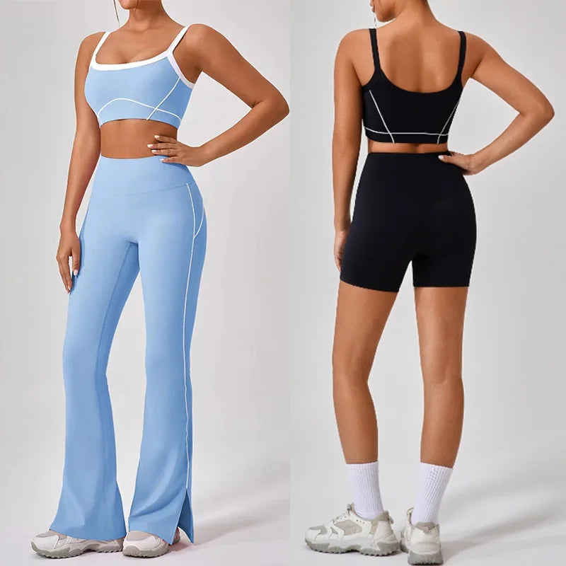 Summer 2pcs Patchwork Sport Yoga Suit High Waist Flare Split Leggings Women Outfit Fitness Workout Set Sportwear Women Tracksuit