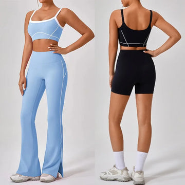 Summer 2pcs Patchwork Sport Yoga Suit High Waist Flare Split Leggings Women Outfit Fitness Workout Set Sportwear Women Tracksuit