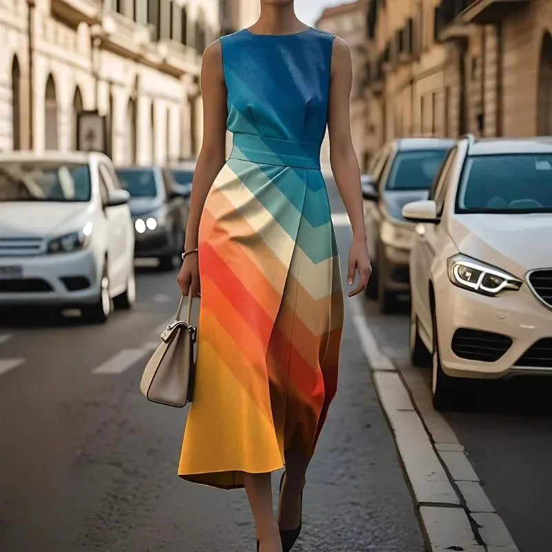 Summer Dresses for Women O Neck Sleeveless Patchwork Causal Slim High Waist Vestidos Female Dress Long Dresses for Women
