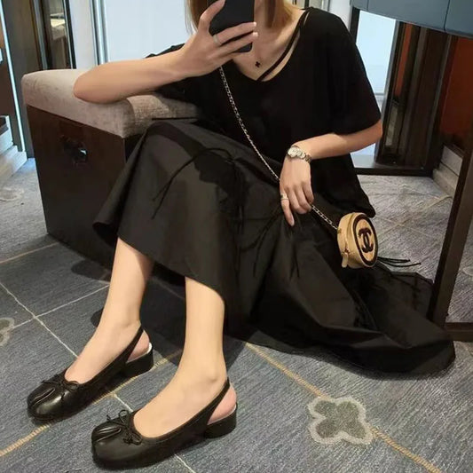 2025 Spring Summer New Split Toe Women Shoes Retro Low Mid Heel Ballet Shoes Fashion Shallow Mouth Bow Design Dress Party Shoes