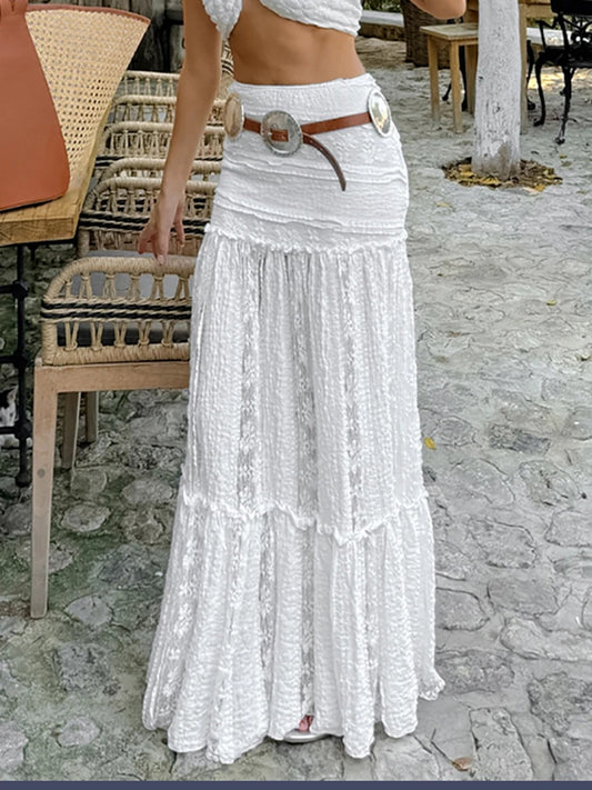 New Lace Patchwork White Long Skirt Women High Elastic Waist Textured A-line Maxi Skirts Summer Casual Fashion Holiday Faldas