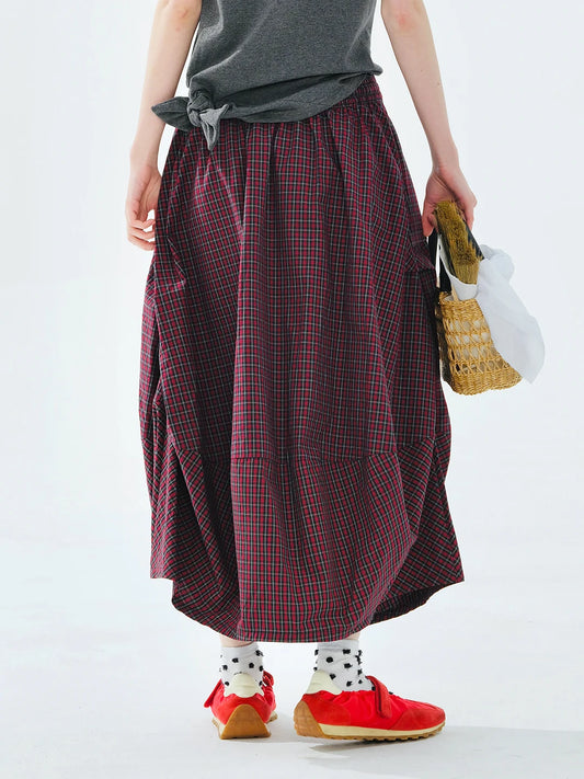 Women's Red Black Checkered Long Skirt Loose Fit Pockets Detail Transitional Wardrobe Versatile Styling