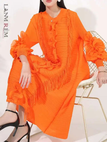 LANMREM Pleated Dress For Women V Neck Long Sleeves Solid Color Loose Big Size Female Elegant Clothing 2025 Spring New 2DB1281