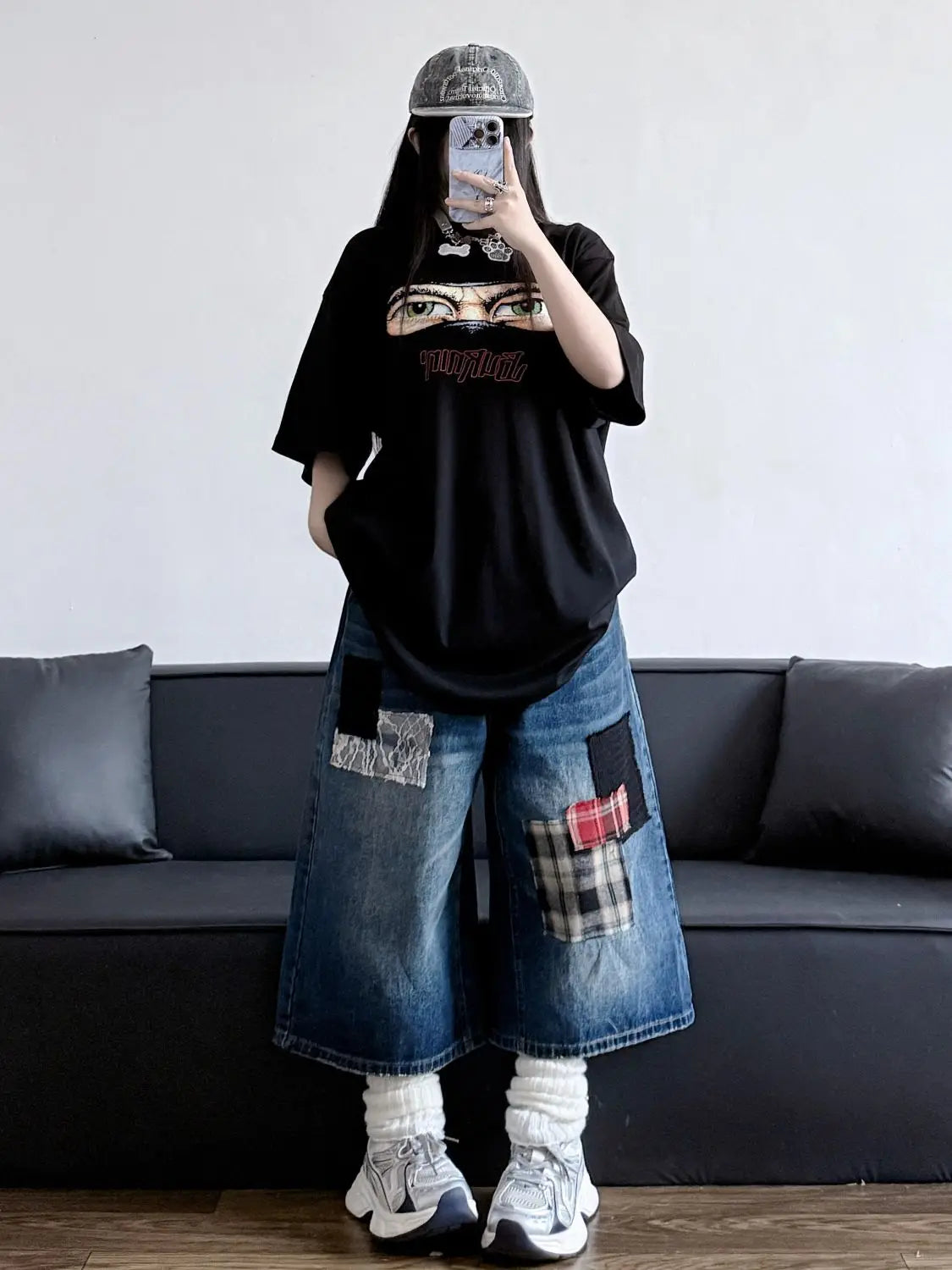 Street Washed Eclectic Waif Jeans Women Plaid Patchwork Grunge Casual 2000s Pants Harajuku American Vintage Denim Trouser