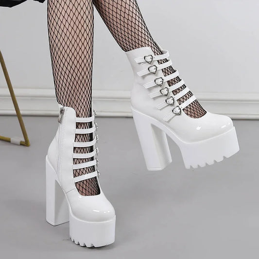 2025 Summer High Heel Pumps Feminine Waterproof Platform Buckle Patent Leather White Black Thick Heel Catwalk Party Boots Women