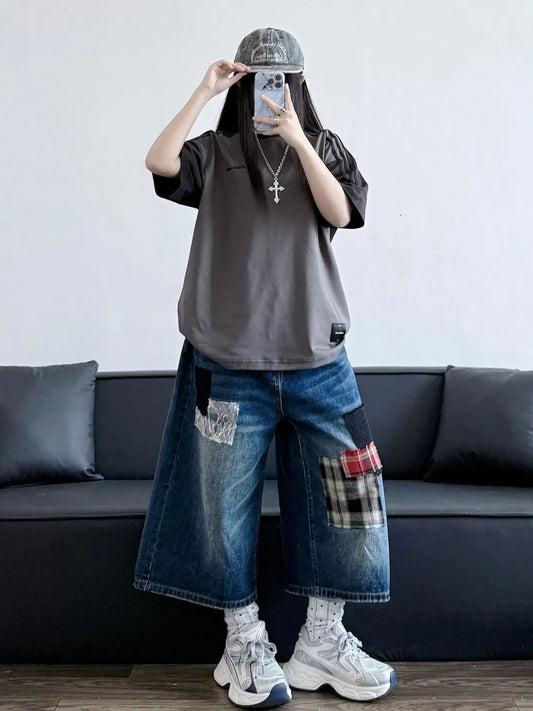 Street Washed Eclectic Waif Jeans Women Plaid Patchwork Grunge Casual 2000s Pants Harajuku American Vintage Denim Trouser