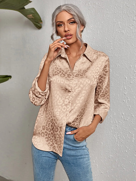 Women Leopard Print Luxury Blouse Spring Summer Long Sleeve Lapen Vintage Button Up Shirt Office Lady Satin Tunics Harajuku Top