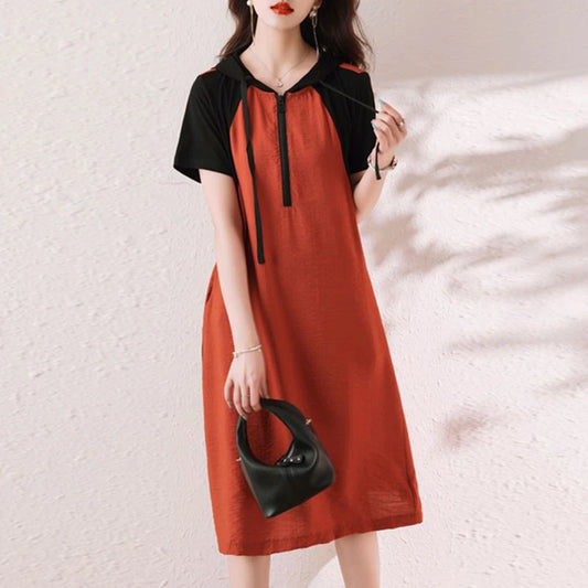 Fashion Hooded Spliced Loose Pockets Casual Dresses Women's Clothing 2025 Summer New Oversized Short Sleeve Commute Midi Dress