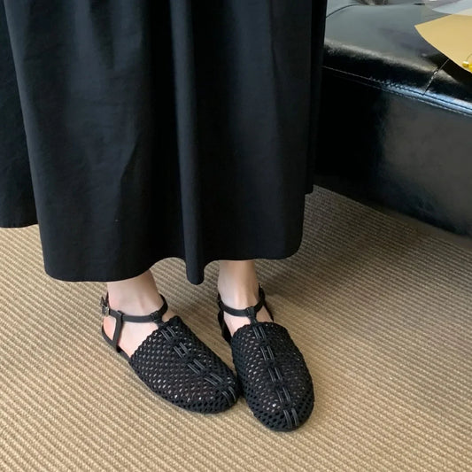 Retro Flat Roman Shoes with Lace Hollow out Design Fishing Net Toe Cover Sandals for Women Summer New Style Woven Flats