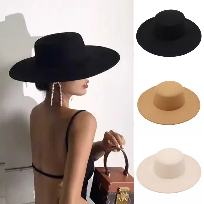 Flat Top Tweed Bowler Hat Large Brim Hundred Felt Hat Women Jazz Hat French Hepburn Style Dress Soft