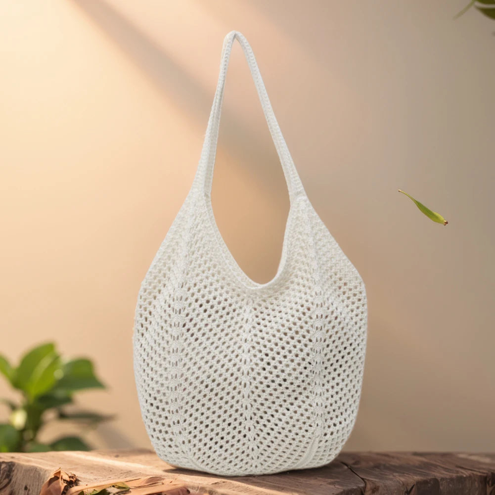 Women Knitting Shoulder Bag Solid Color Crochet Tote Bag Large Capacity Knitted Tote Handbag Ladies Daily Handbag
