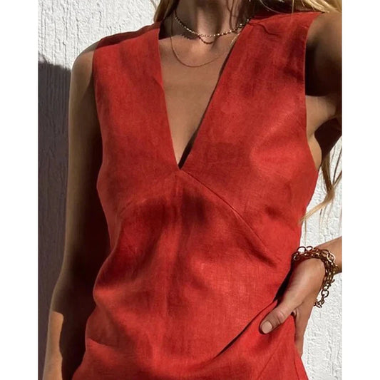 Vintage Linen Women's Dress Elegant Summer 2025 Sexy V-neck Short Beach Streetwear Dresses Mini Female Clothing Sundress Vestido