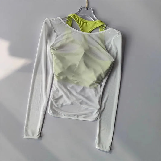 Sexy Mesh Slimming Yoga Suit for Women, Gathering Together, Sports Bra, Two Pieces, Quick Dry Training, Pilates Cover Up Blouse