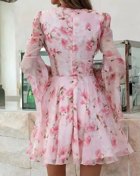 Summer Dresses Women 2025 Sweet Floral Print Bell Sleeve Plunge Dress Sexy V Neck Party Female Dress for Girl Beautiful Clothes