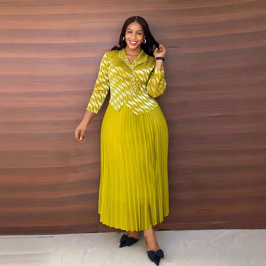 Miyake Pleated Skirt Set for Women 2025 New Gold-plated Lapel Two-piece Sets Fashionable Loose Large-size Folds Skirt