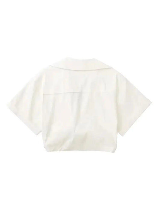 TRZA Women Fashion Front Knot Elastic Linen Cropped Shirts Vintage Short Sleeve Patch Pockets Female Blouses Blusa Chic Tops
