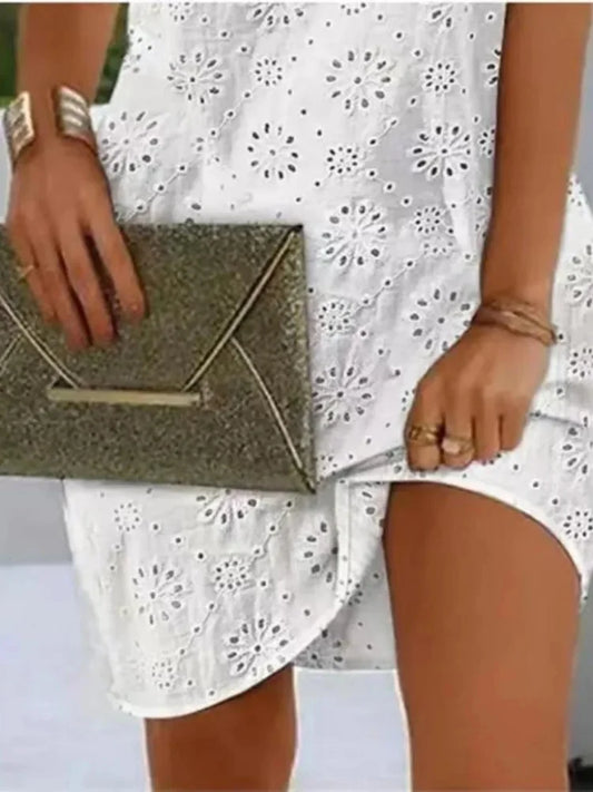 Elegant Dresses V-Neck Eyelet Embroidery Tied Detail Sleeveless Mini Straight Dress Vacation Fashion Summer Dress
