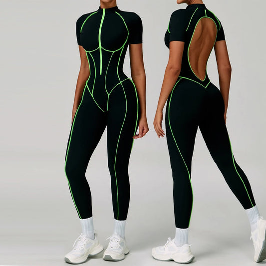 Patchwork Hollow Backless Sport Jumpsuit Women 1 Piece Yoga Set Workout Clothes Unitard Gym Women Romper Fitness Short Playsuit