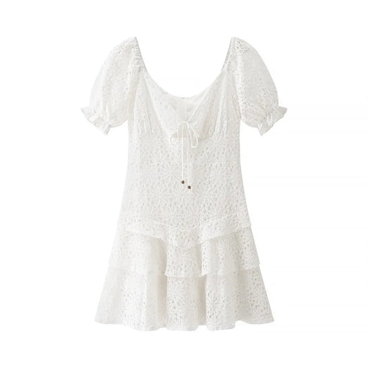 2 colors Women Orange Lace Hollow Out Embroidery Lacing Up Bow Chest Mini Dress Romantic Short Puff Sleeve 3 Layers Hem Dresses