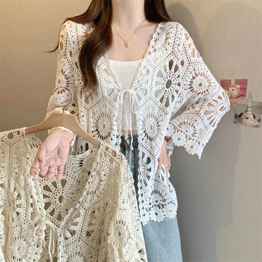 Bohemian Ethnic Style Crochet Hollow Lace Tops Tees New 2025 Summer Knitted Women's Cardigan Beach Vacation Sunscreen Shirt