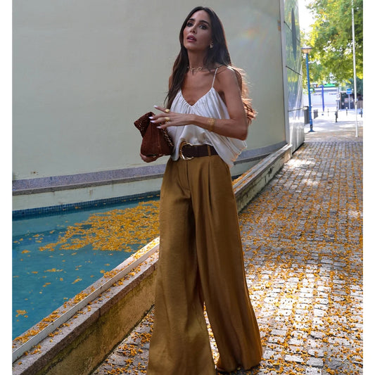 Women's Solid Color Temperament Matching Belt Satin Textured Wide Leg Casual Pants