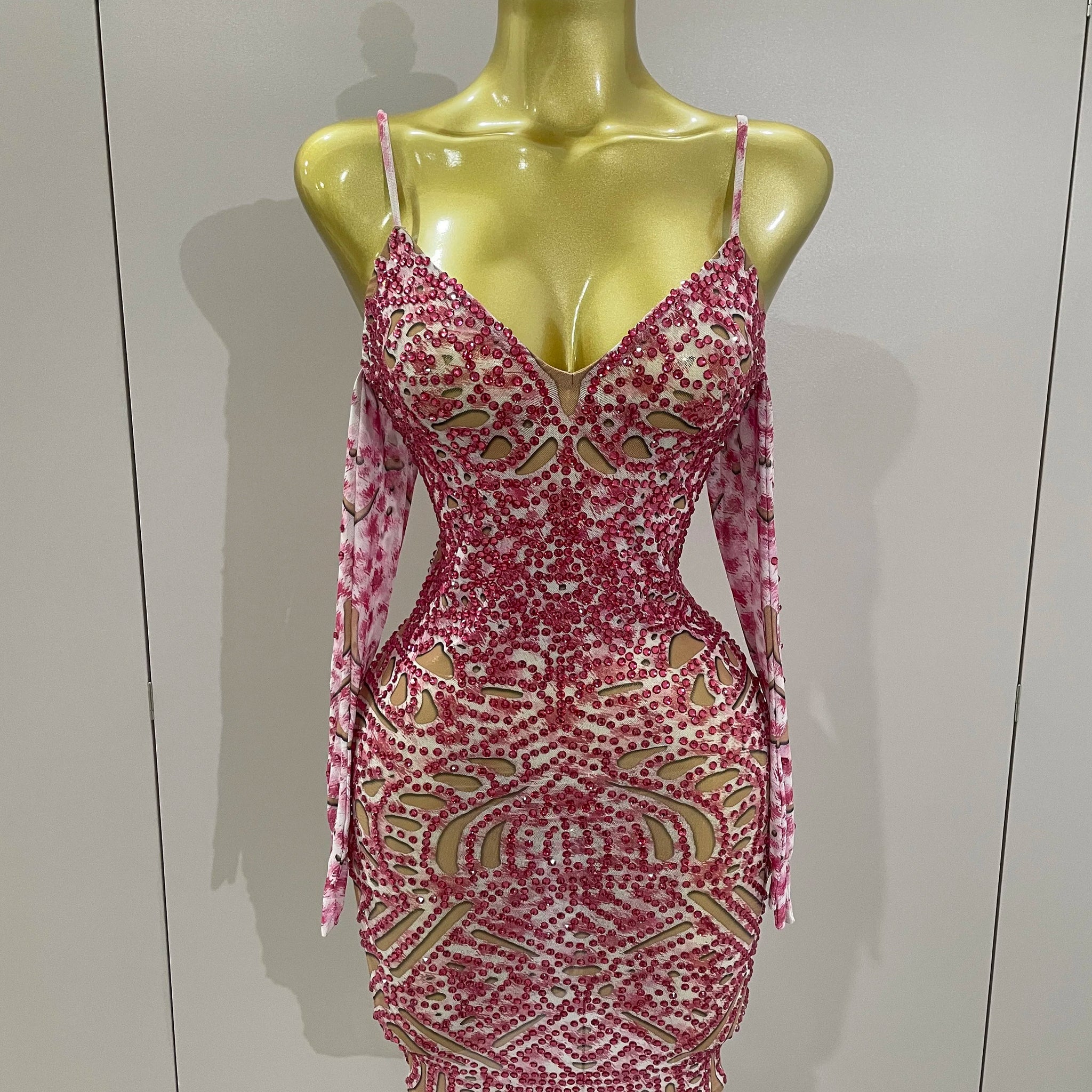 2025 New Sexy Sparkly Rhinestones Mesh Mini Dress With GlovesWomen Evening Birthday Party Celebrate Costume Dancer Stage Wear