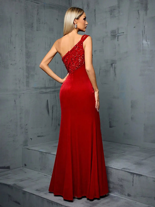 One shoulder mesh Insert bright one-sided plate split fishtail skirt velvet dress
