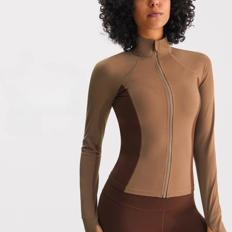 Sean Tsing Women Fitness Running Jacket Patchwokr Slim Fit Long Sleeve Yoga Sports Breathable Zipper Workout Coat Sportswear Top