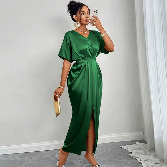 Women's Dress 2025 Spring Style Temperament Elegant V-collar Short Sleeve High Waist Step Split Dress Long Skirt Bodycon Dress