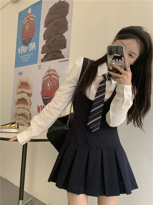 2023 Spring Autumn New Women's Dress Set Pleated Skirt White Shirt Preppy Styles Korean Version Fashion Outfit