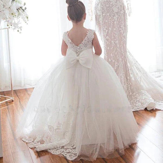 White Bridesmaid Dress For Girls Lace Big Bow Flower Girl Dresses Ball Gown Kids Wedding Party Pageant First Communion Gown
