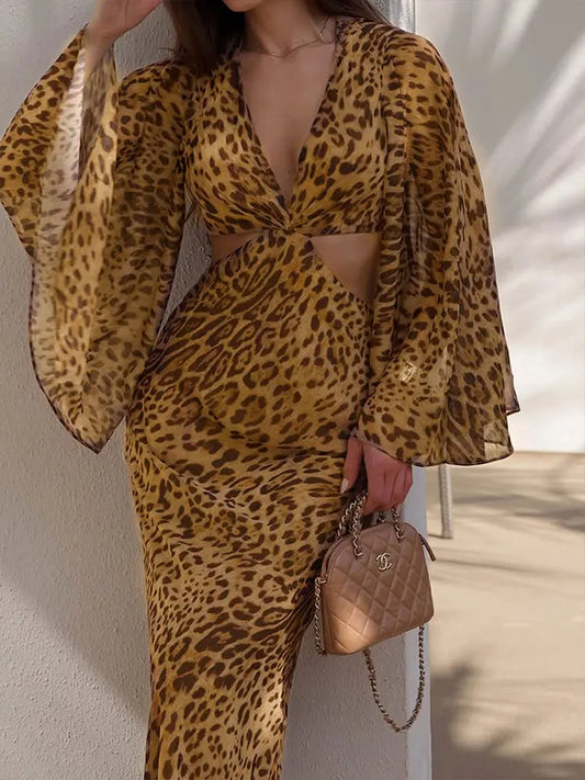 Autumn New Women's Dresses Fashion Leopard Print Casual Slim Long Sleeves Dress Sexy Hollow Out Backless V-neck Dresses Clothing
