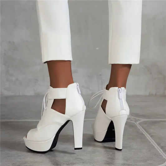 Fashion Gladiator Sandals Women's Peep Toe Platform Ankle Boots Blue Yellow High Thick Heels Party Dress Lady Lace Zipper Shoes