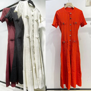 Women O-Neck White Knit Thread Mid-Length Dress Summer 2024 New Elegant Lady Ruffled Sleeve Single Breasted Slim Long Robe