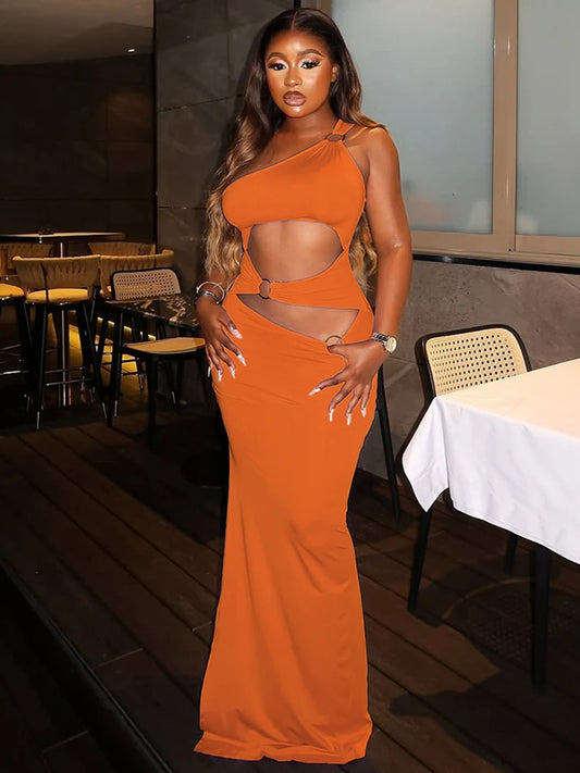 Whatiwear Off Shoulder Backless Sexy Dress Women Skew Collar Irregular Hollow Rings Decoration Vacation Fashion Elegant Vestidos